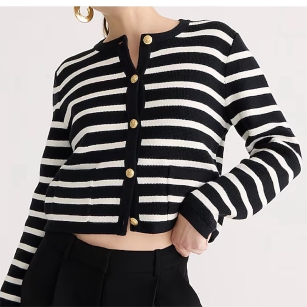 J.Crew Emilie Sweater Lady Jacket XXL Black Ivory Stripe Gold Button Cardigan